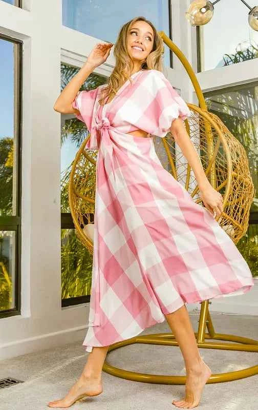 BiBi Front Tied Puff Sleeve Checkered Dress with Cut Out Detail