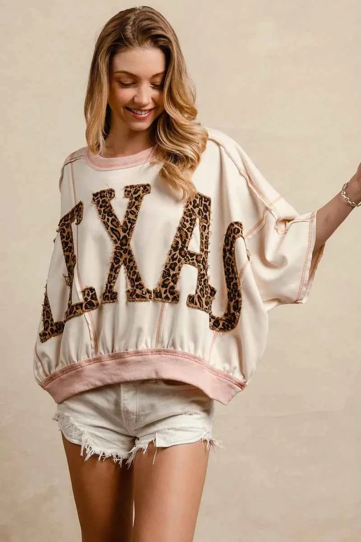 BiBi Leopard Print Texas Patchwork Overlock Stitch Top