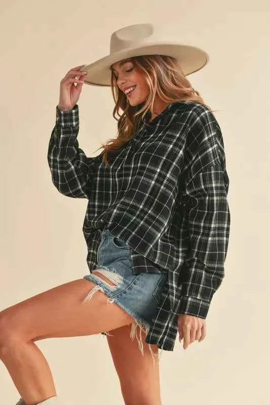 Aemi + Co Side Slit High-Low Plaid Long Sleeve Polo Shirt