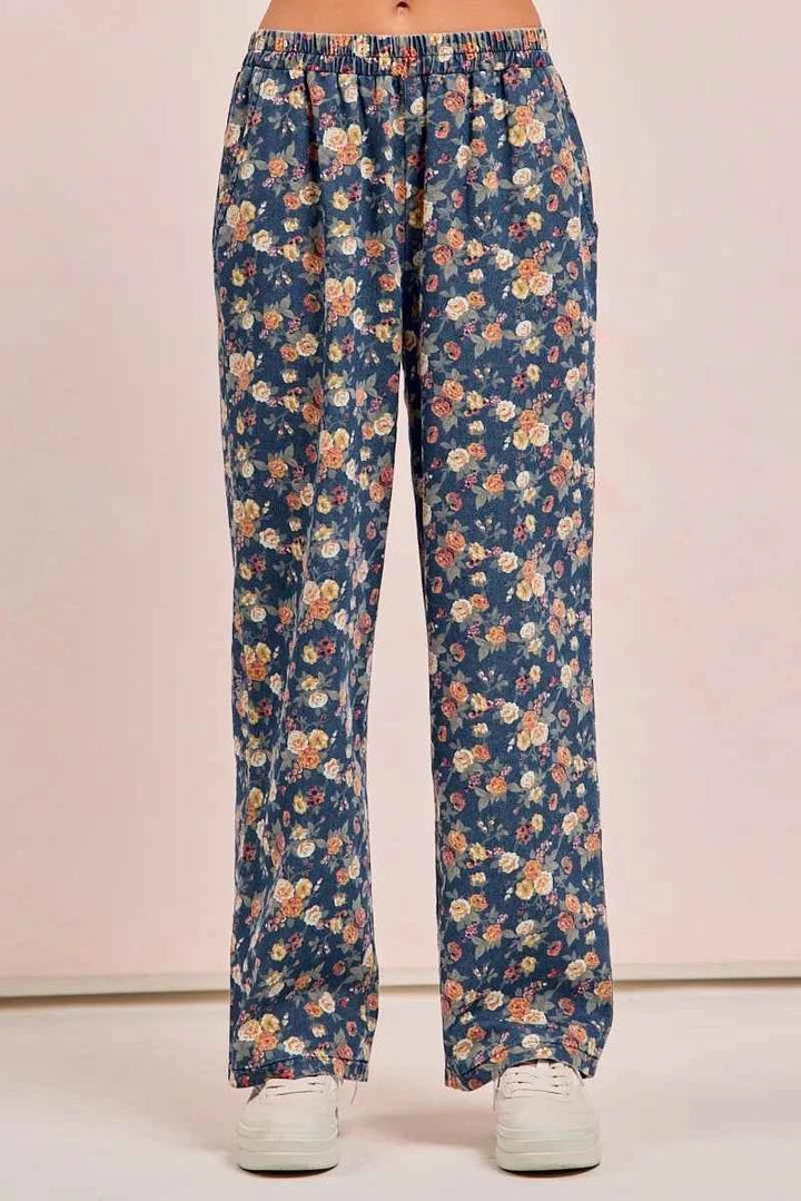 BiBi Washed Floral Print Wide Leg Jeans