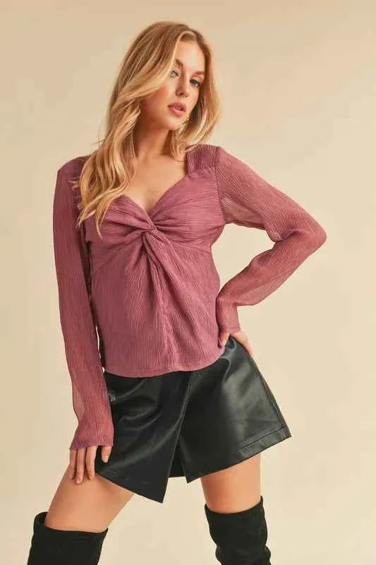 Aemi + Co Twisted Sweetheart Neck Long Sleeve Blouse