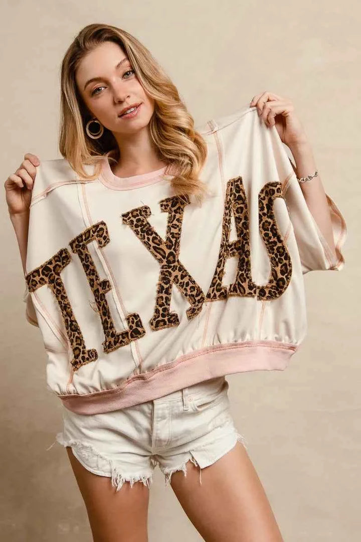 BiBi Leopard Print Texas Patchwork Overlock Stitch Top