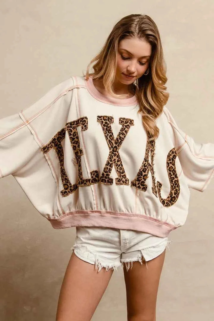 BiBi Leopard Print Texas Patchwork Overlock Stitch Top