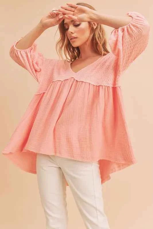 Aemi + Co High-Low Frayed Hem V-Neck Blouse