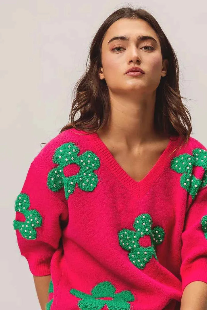 BiBi Pearl Beads Flowers Sweater Top