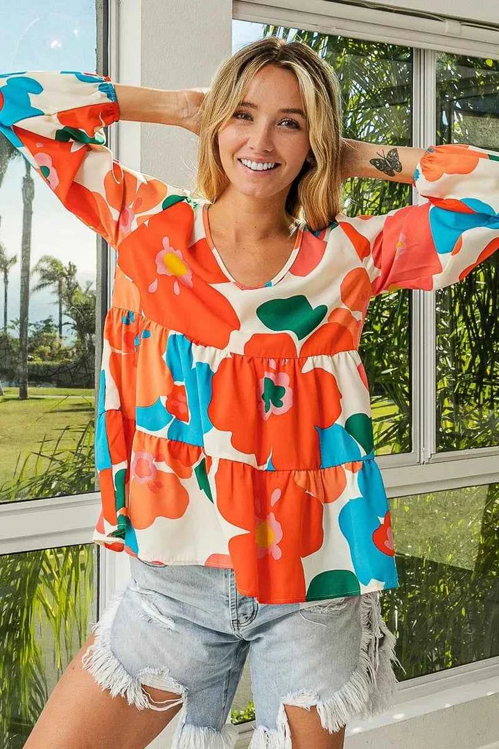 BiBi Floral Woven Tiered V Neck Top