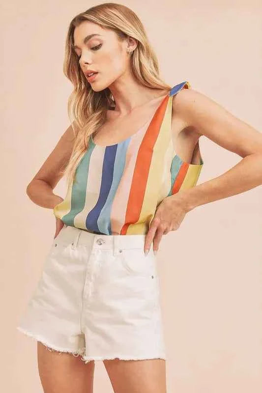 Aemi + Co Contrast Striped Scoop Neck Tie Shoulder Tank