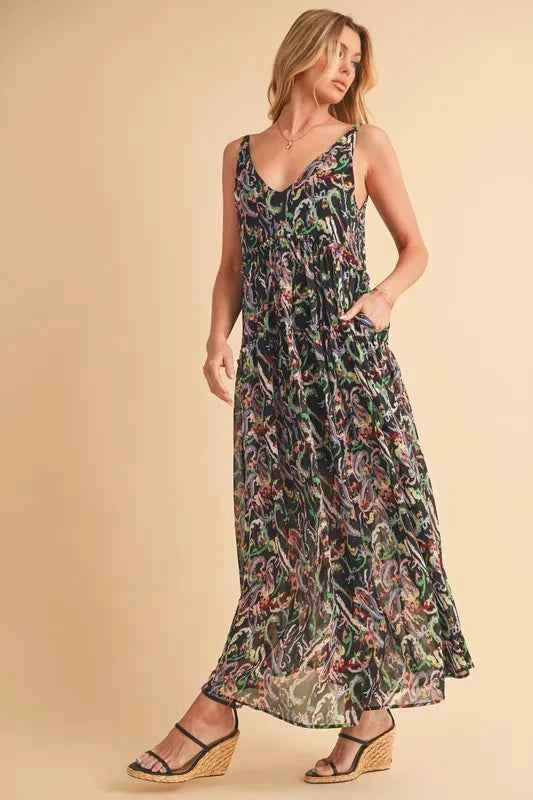Aemi + Co Printed V-Neck Frill Tiered Cami Dress