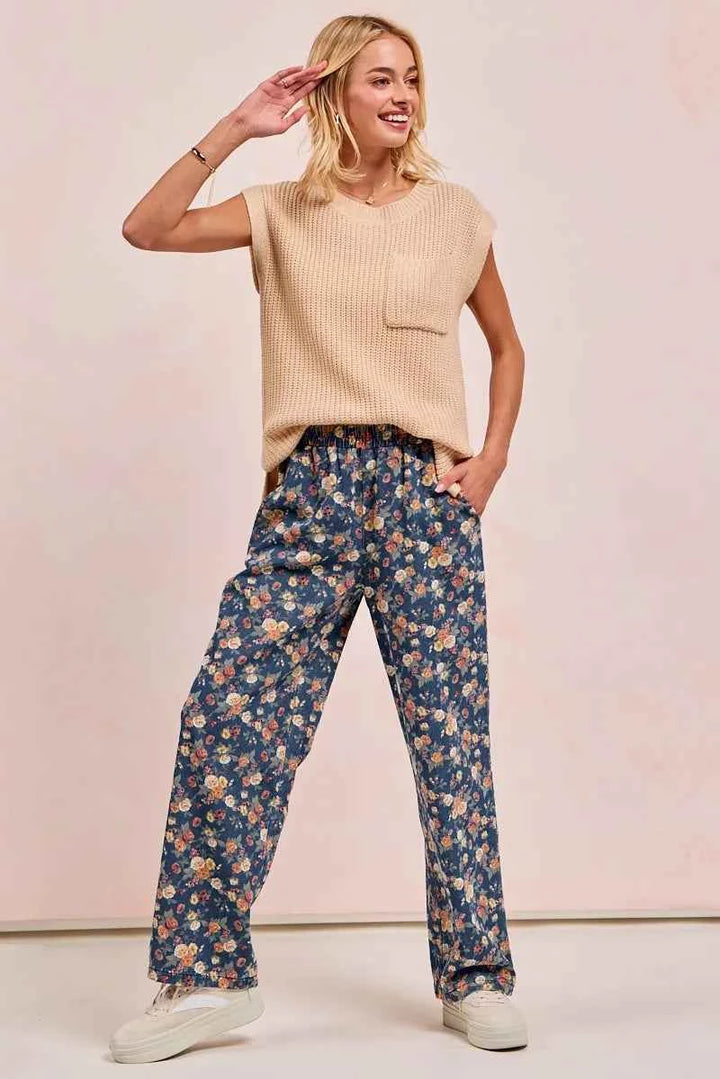 BiBi Washed Floral Print Wide Leg Jeans
