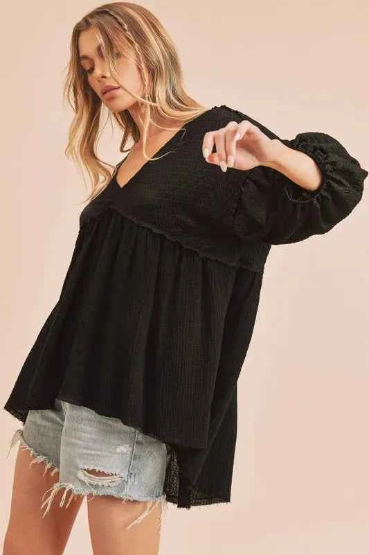 Aemi + Co High-Low Frayed Hem V-Neck Blouse