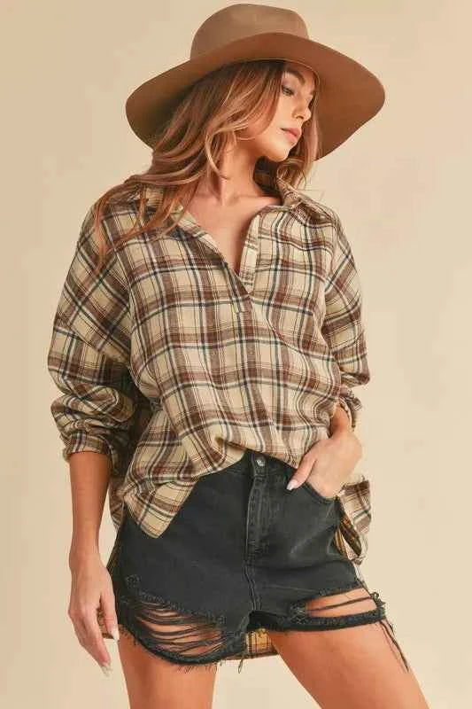Aemi + Co Side Slit High-Low Plaid Long Sleeve Polo Shirt