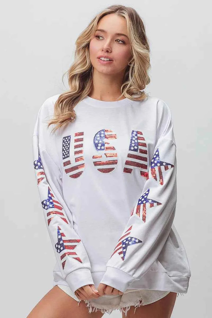 BiBi American Flag USA and Star Sequin Sweatshirt