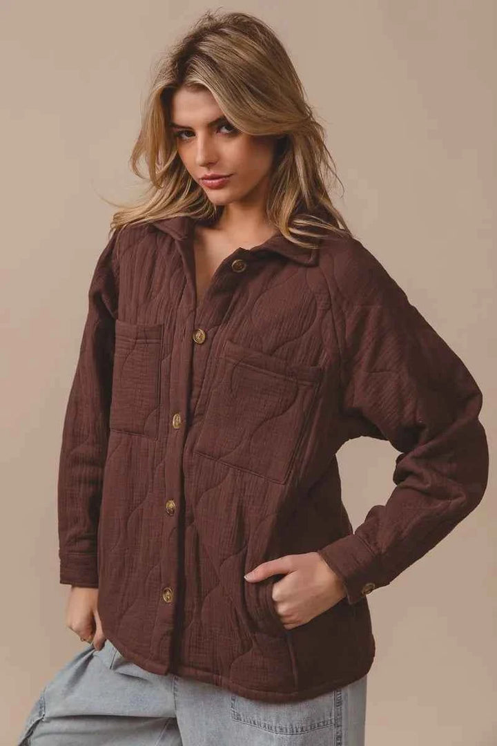 BiBi Quilted Wrinkle Gauze Long Sleeve Shacket