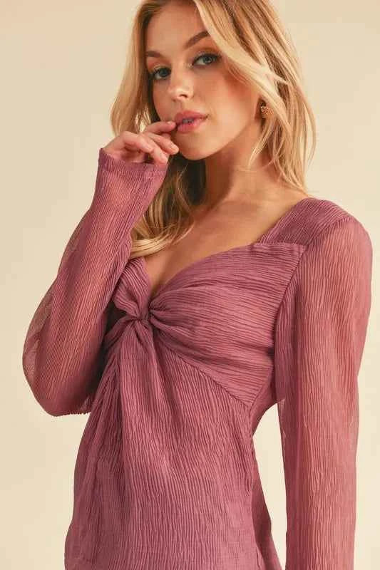 Aemi + Co Twisted Sweetheart Neck Long Sleeve Blouse