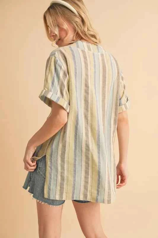 Aemi+Co Side Slit Striped Short Sleeve Blouse