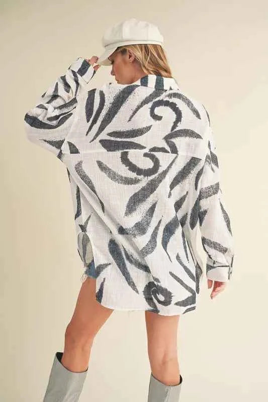 Aemi + Co High-Low Printed Button Up Long Sleeve Shirt