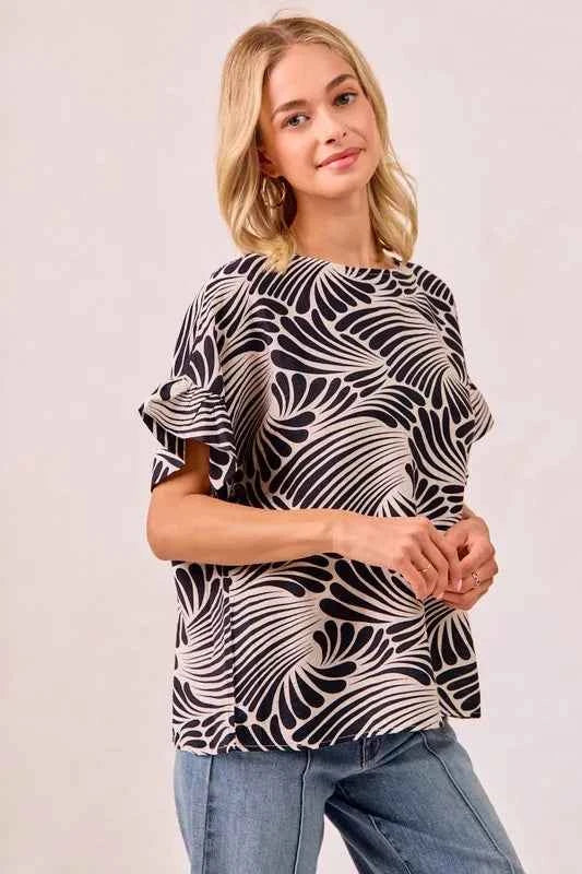 BiBi Print Woven Ruffled Sleeves Top