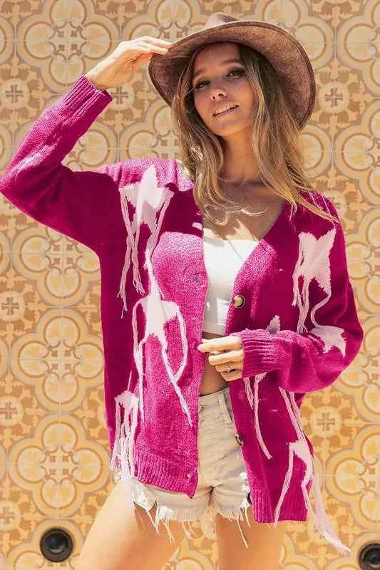 BiBi Fringed Star Pattern V-Neck Knit Cardigan