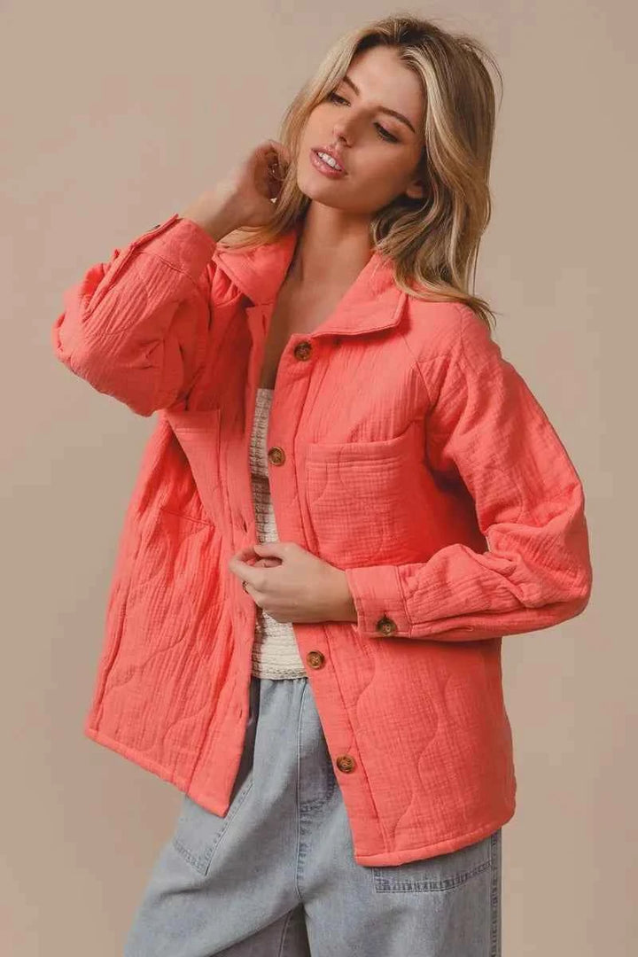 BiBi Quilted Wrinkle Gauze Long Sleeve Shacket