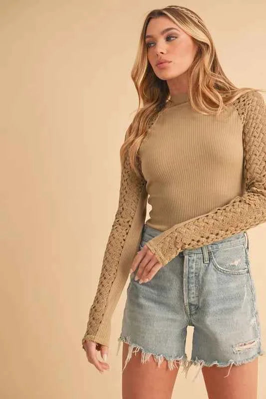 Aemi+Co Mock Neck Ribbed Knit Top with Crochet Sleeve