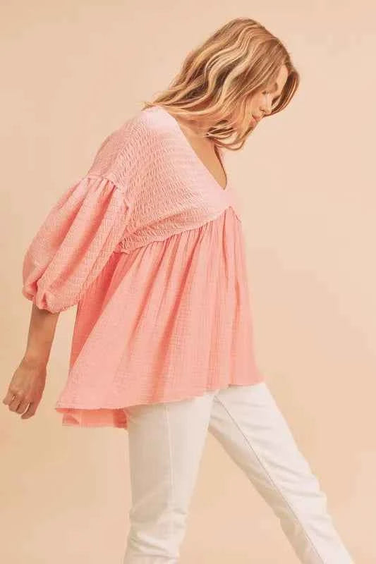 Aemi + Co High-Low Frayed Hem V-Neck Blouse