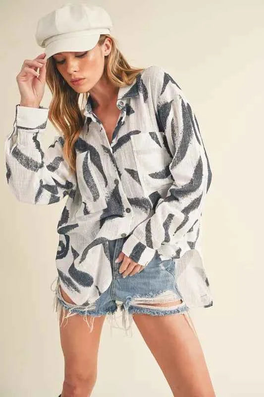 Aemi + Co High-Low Printed Button Up Long Sleeve Shirt