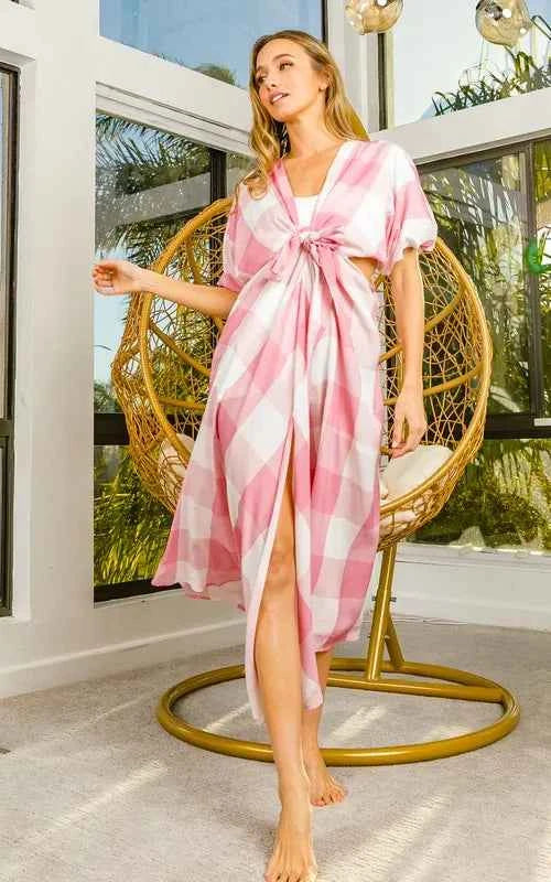 BiBi Front Tied Puff Sleeve Checkered Dress with Cut Out Detail