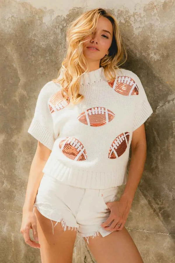 BiBi Gameday Sequin Football Patches Rib Banded Sweater
