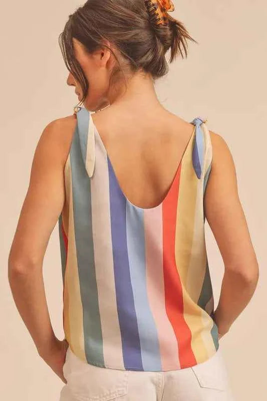 Aemi + Co Contrast Striped Scoop Neck Tie Shoulder Tank
