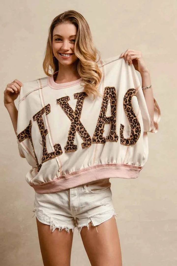 BiBi Leopard Print Texas Patchwork Overlock Stitch Top
