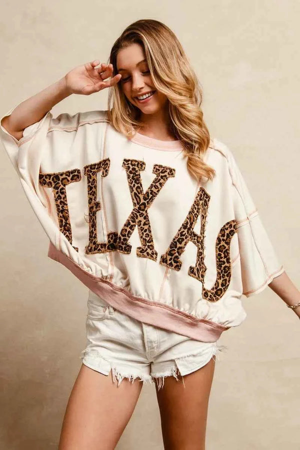 BiBi Leopard Print Texas Patchwork Overlock Stitch Top