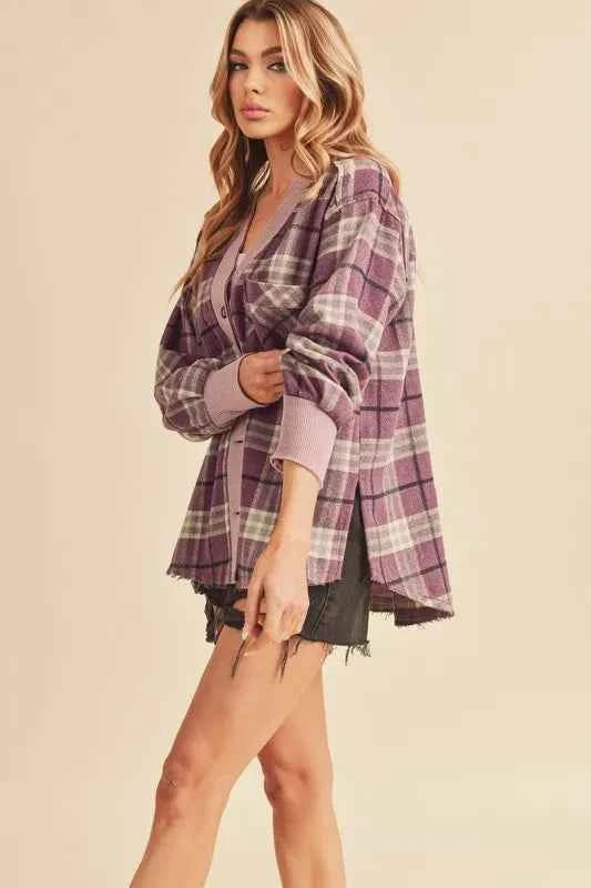 Aemi + Co Side Slit Patch Pocket Plaid Button Down Jacket
