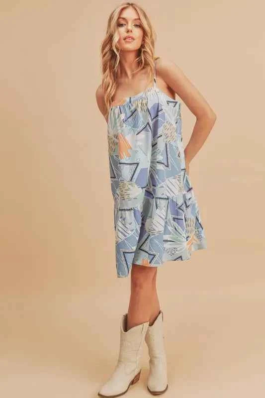 Aemi + Co Printed Ruffled Hem Square Neck Mini Cami Dress