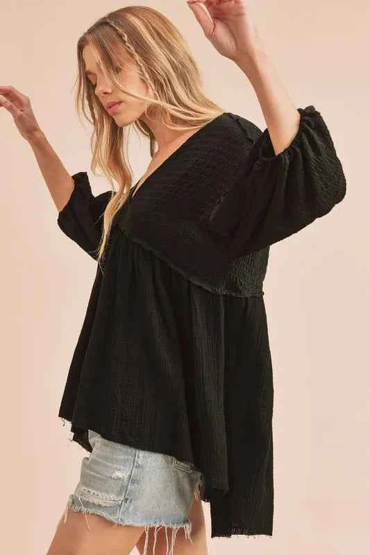 Aemi + Co High-Low Frayed Hem V-Neck Blouse