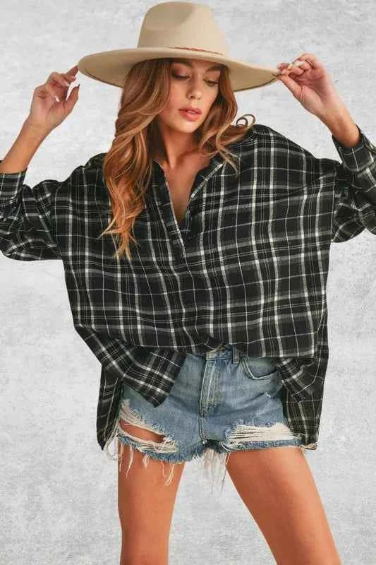 Aemi + Co Side Slit High-Low Plaid Long Sleeve Polo Shirt