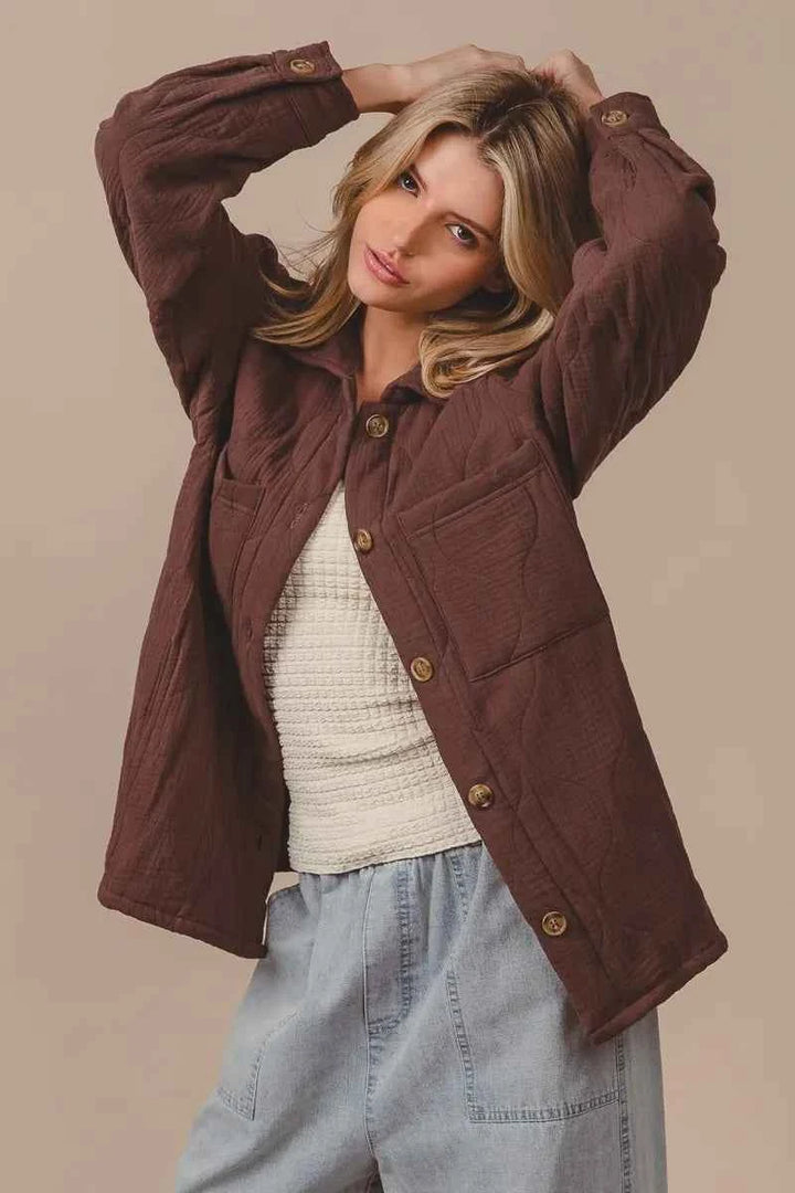 BiBi Quilted Wrinkle Gauze Long Sleeve Shacket