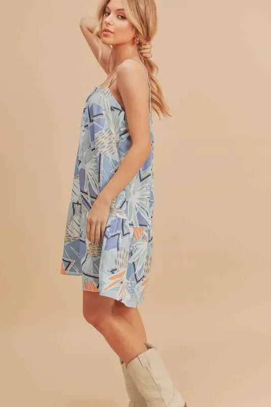 Aemi + Co Printed Ruffled Hem Square Neck Mini Cami Dress